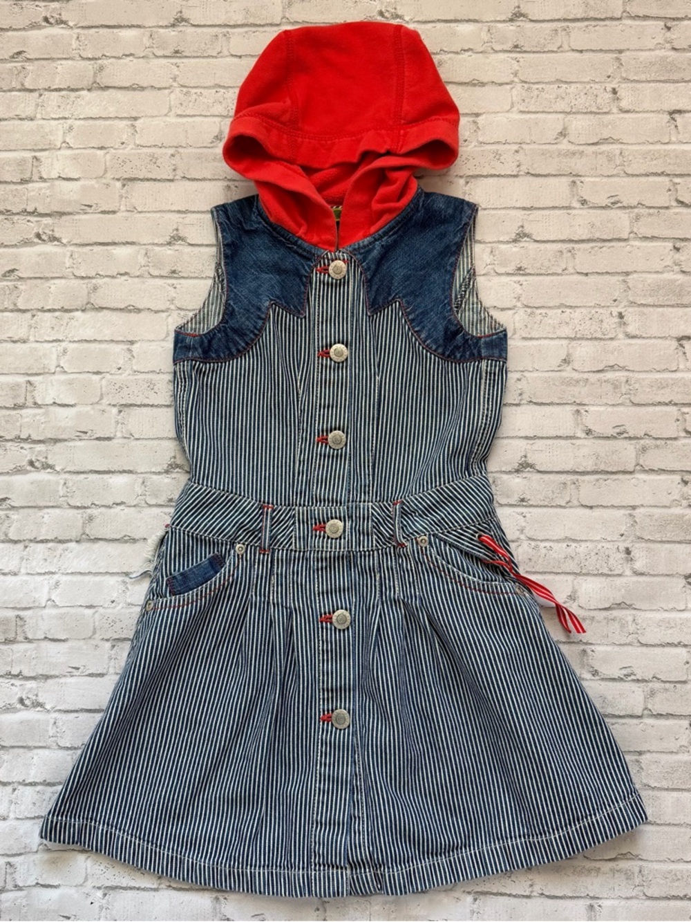 Oilily Girls' Striped Denim Dress with Red Hood